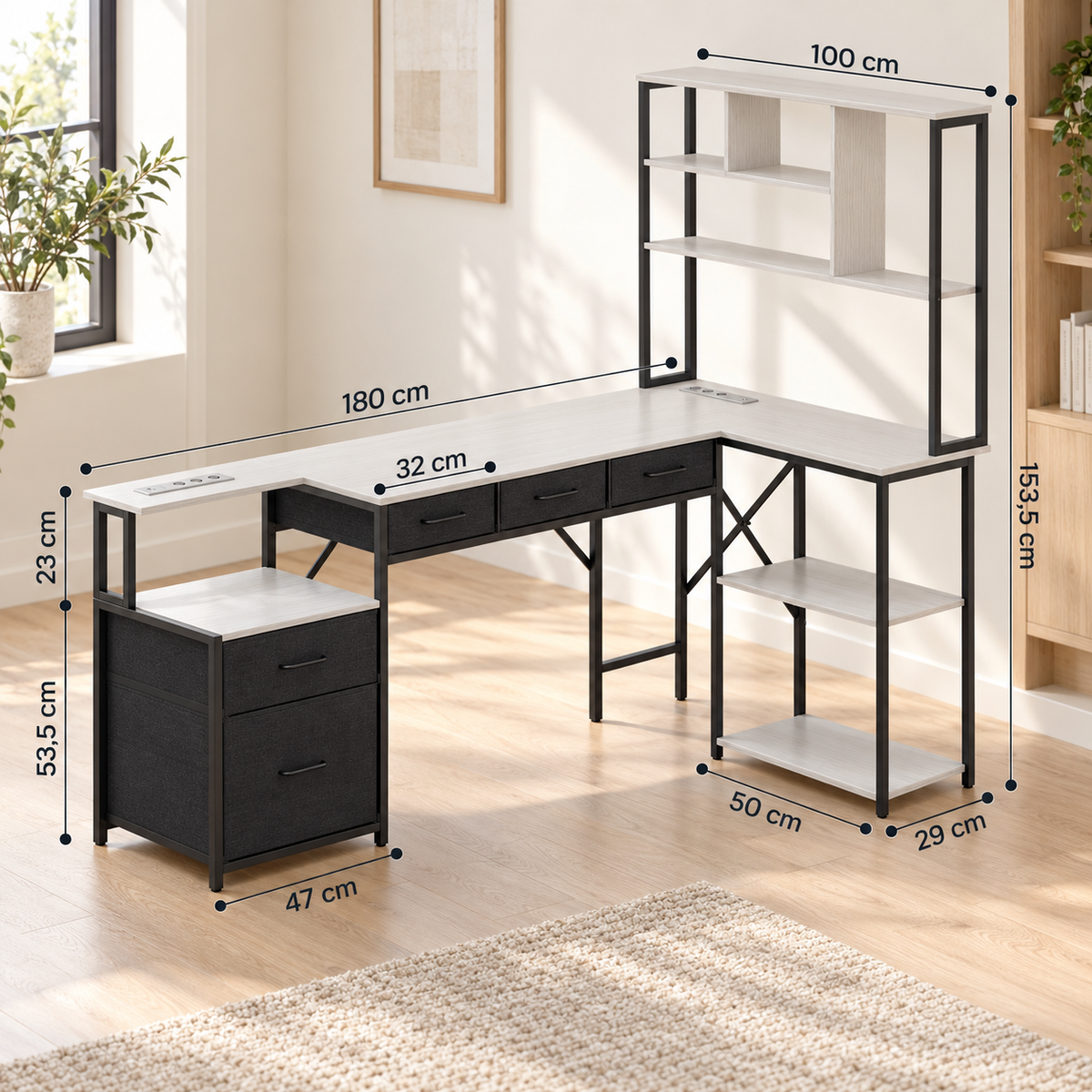 Bureau D’Angle Blanc Et Noir - 180 × 100 × 76 cm
