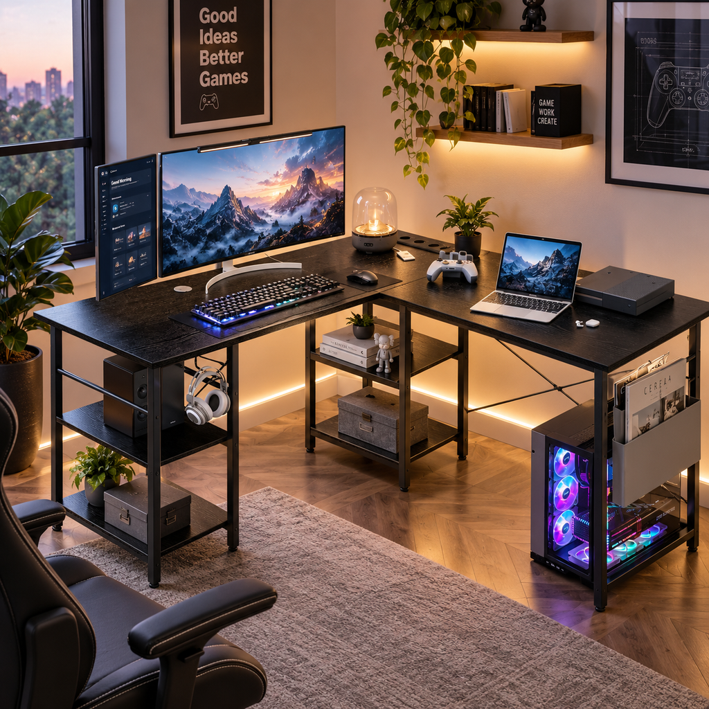 Bureau d’Angle en L avec Rangement et Plateau Inclinable Noir