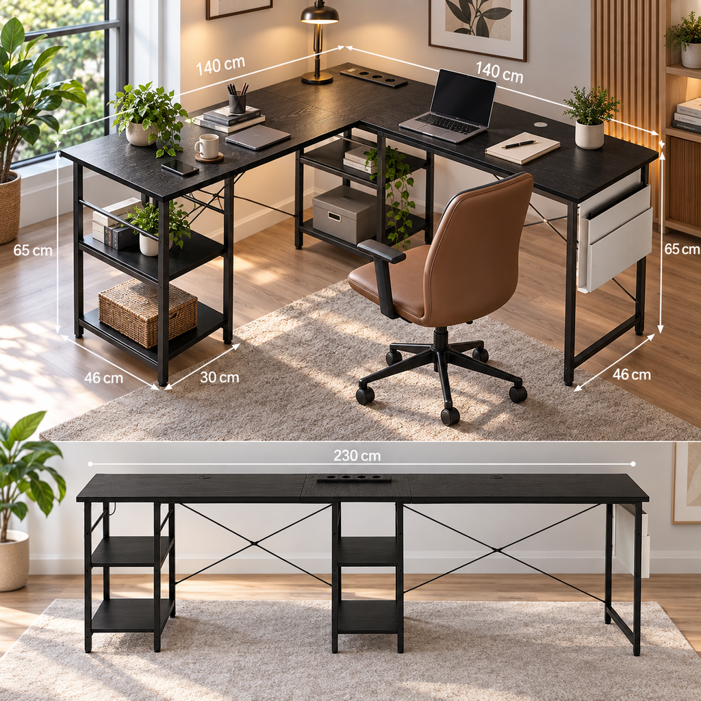 Bureau d’Angle en L avec Rangement et Plateau Inclinable Noir