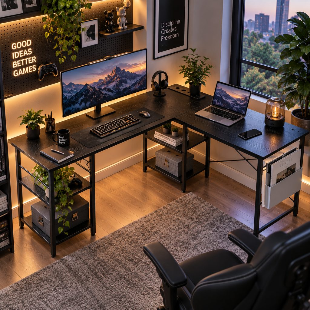 Bureau d’Angle en L avec Rangement et Plateau Inclinable Noir