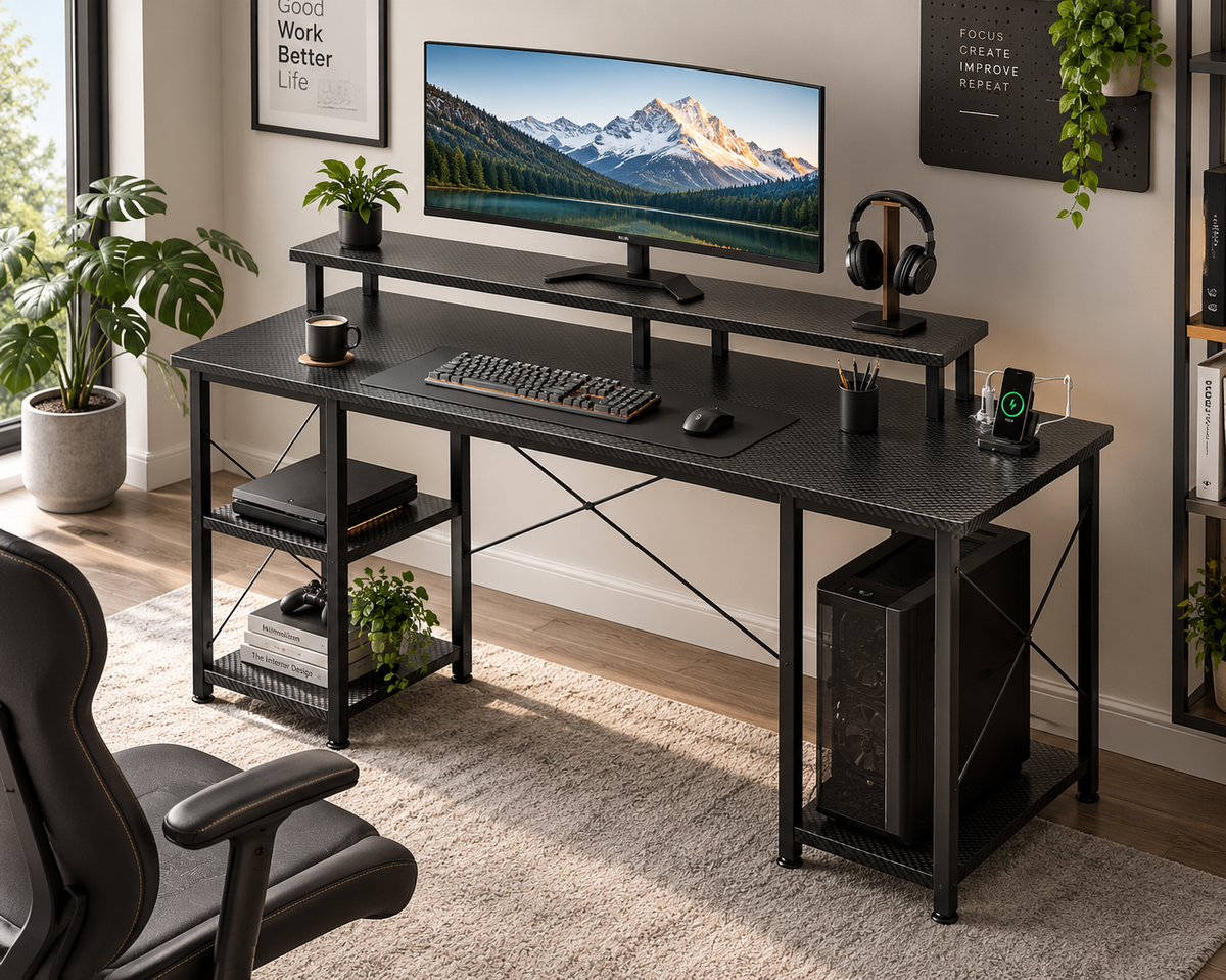 Bureau Gaming LED 120 × 50 cm avec 2 Prises, 2 Ports USB et Rangement Fibre de Carbone Noir