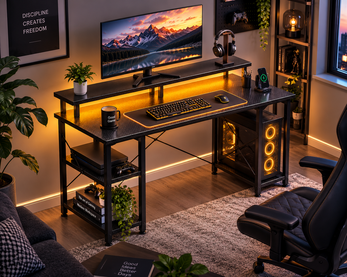 Bureau Gaming LED 120 × 50 cm avec 2 Prises, 2 Ports USB et Rangement Fibre de Carbone Noir