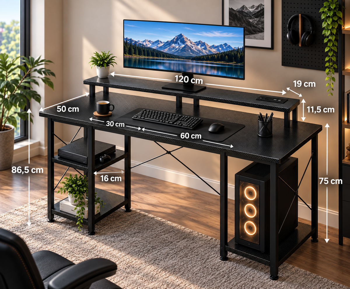 Bureau Gaming LED 120 × 50 cm avec 2 Prises, 2 Ports USB et Rangement Fibre de Carbone Noir