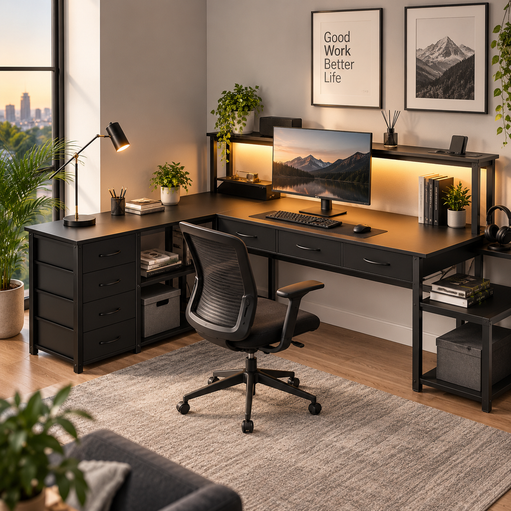 Bureau Gaming en L Réversible avec LED, Prises & USB, Support Écran et Rangements Noir
