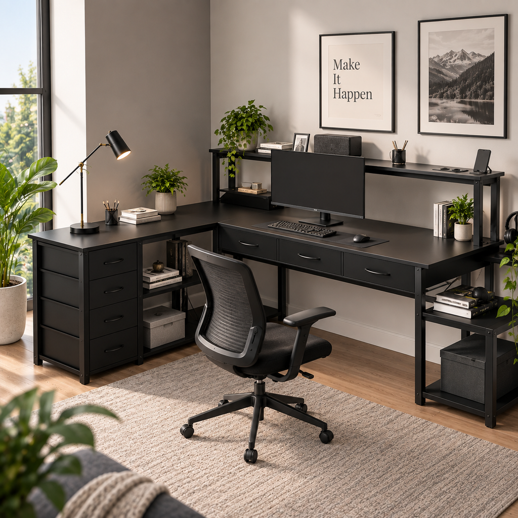 Bureau Gaming en L Réversible avec LED, Prises & USB, Support Écran et Rangements Noir