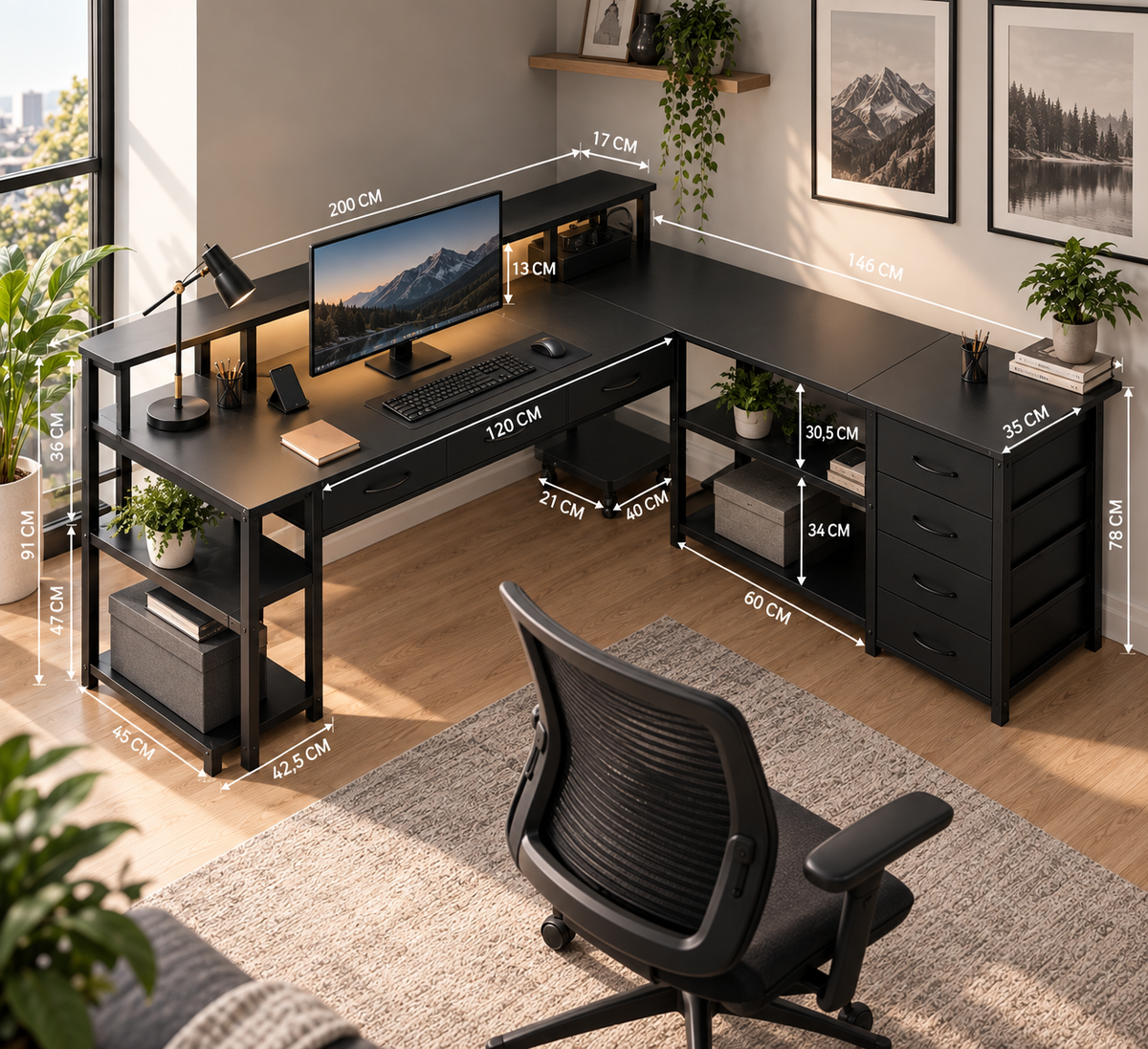 Bureau Gaming en L Réversible avec LED, Prises & USB, Support Écran et Rangements Noir