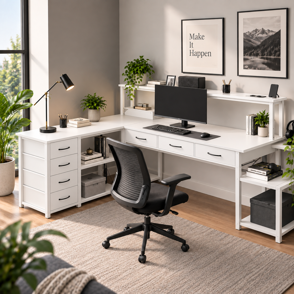 Bureau Gaming en L Réversible avec LED, Prises & USB, Support Écran et Rangements Blanc