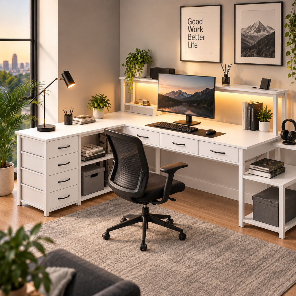 Bureau Gaming en L Réversible avec LED, Prises & USB, Support Écran et Rangements Blanc