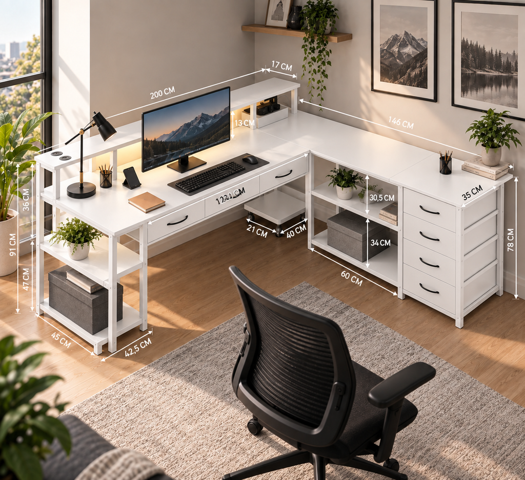 Bureau Gaming en L Réversible avec LED, Prises & USB, Support Écran et Rangements Blanc