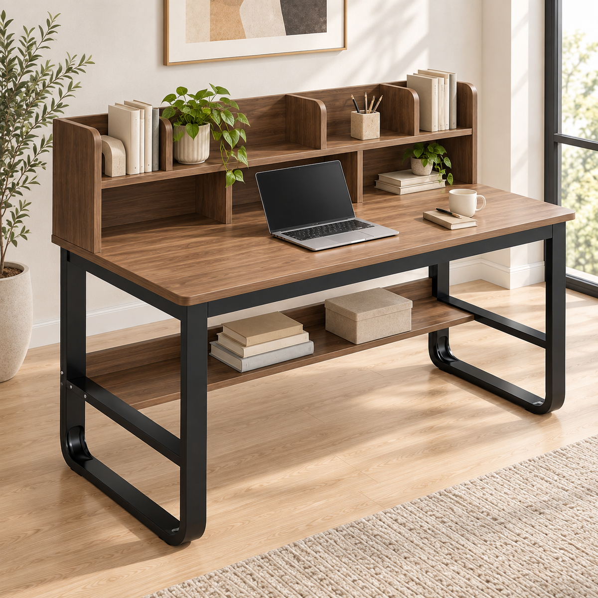 Table de Travail Moderne en Bois et Métal Noir