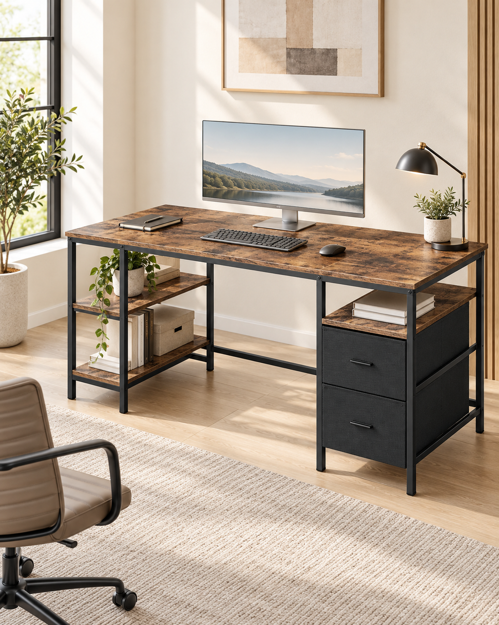 Table de Travail Industrielle Marron Rustique et Noir