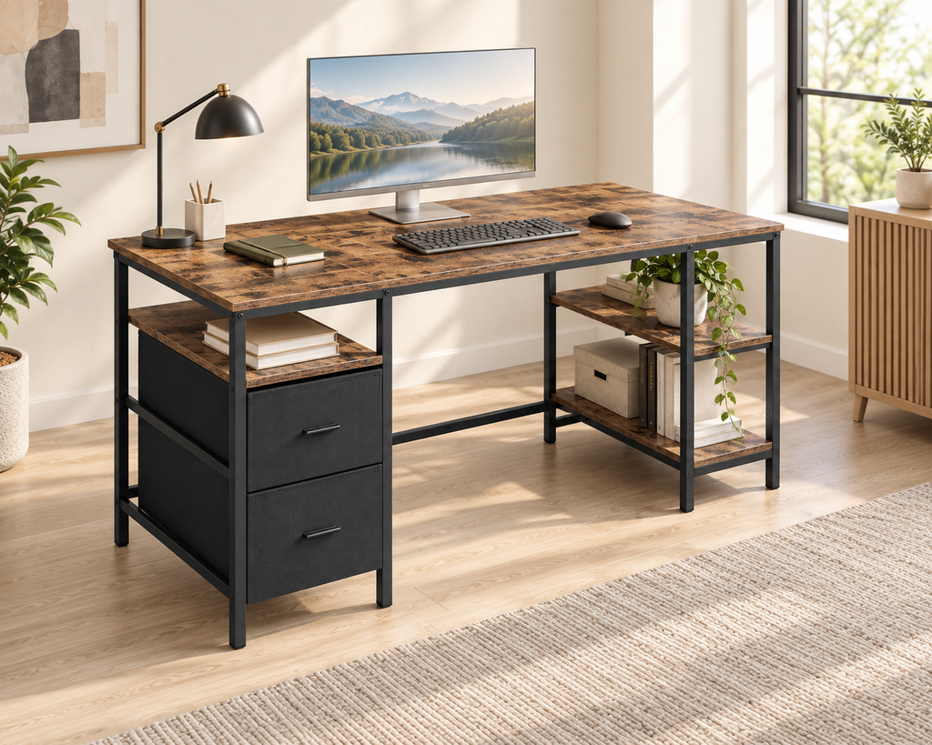 Table de Travail Industrielle Marron Rustique et Noir