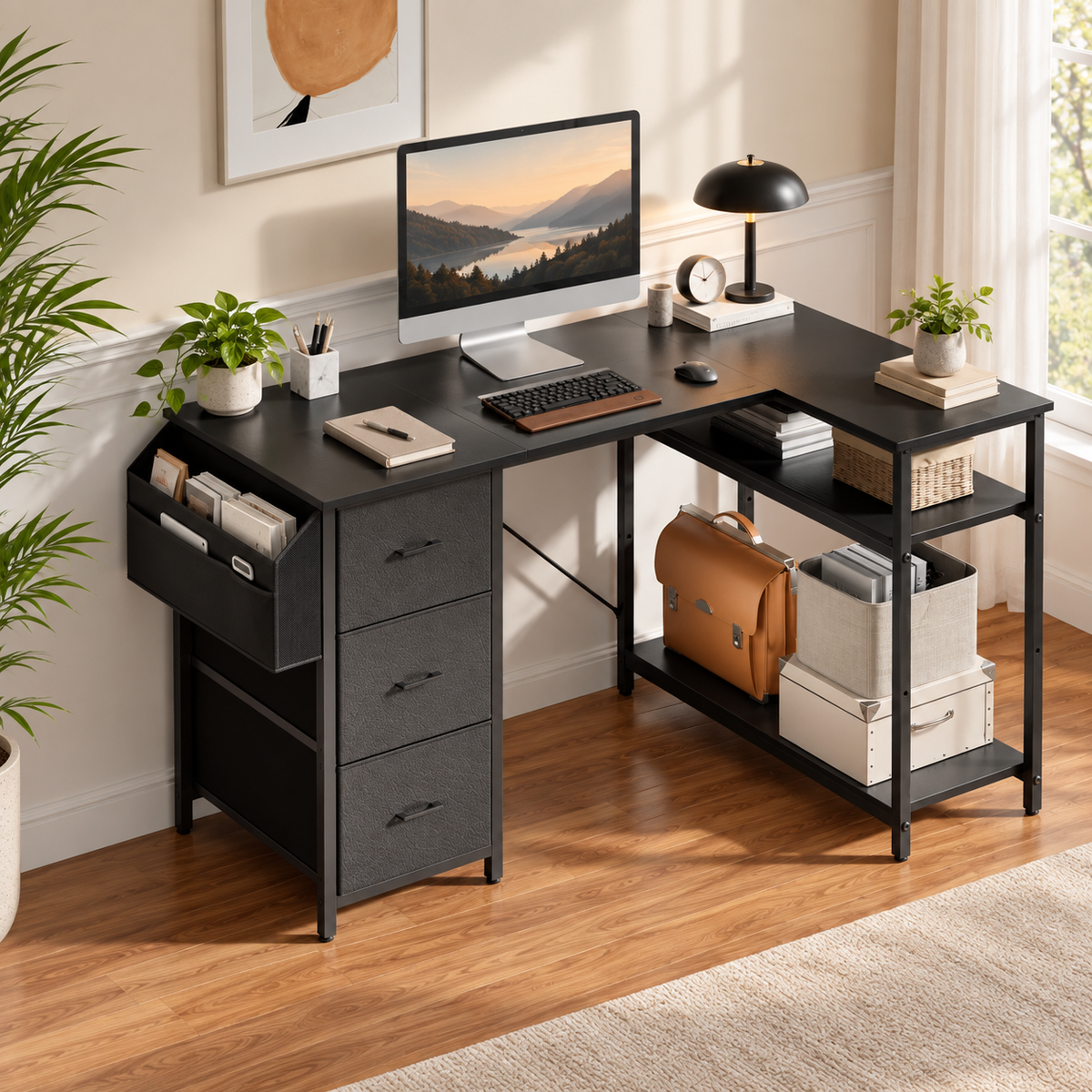 Bureau Informatique avec Rangement Noir