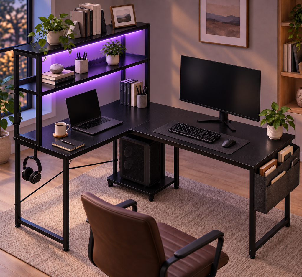 Bureau Gaming d’Angle en L Réversible 110 × 80 cm