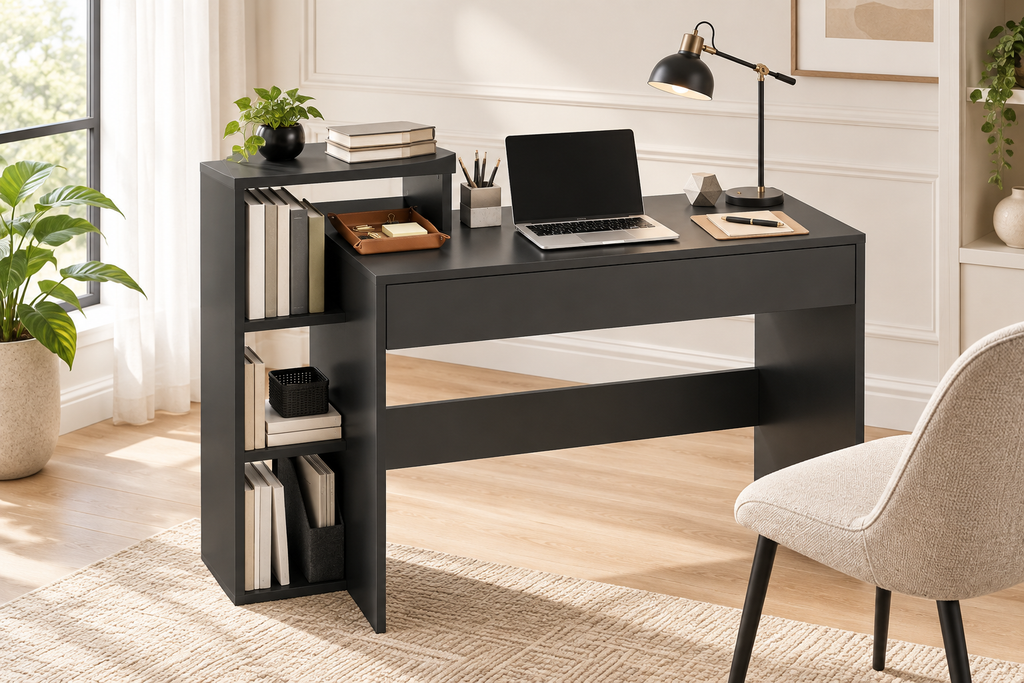 Bureau Informatique 100 cm Noir avec Tiroir et Étagères de Rangement