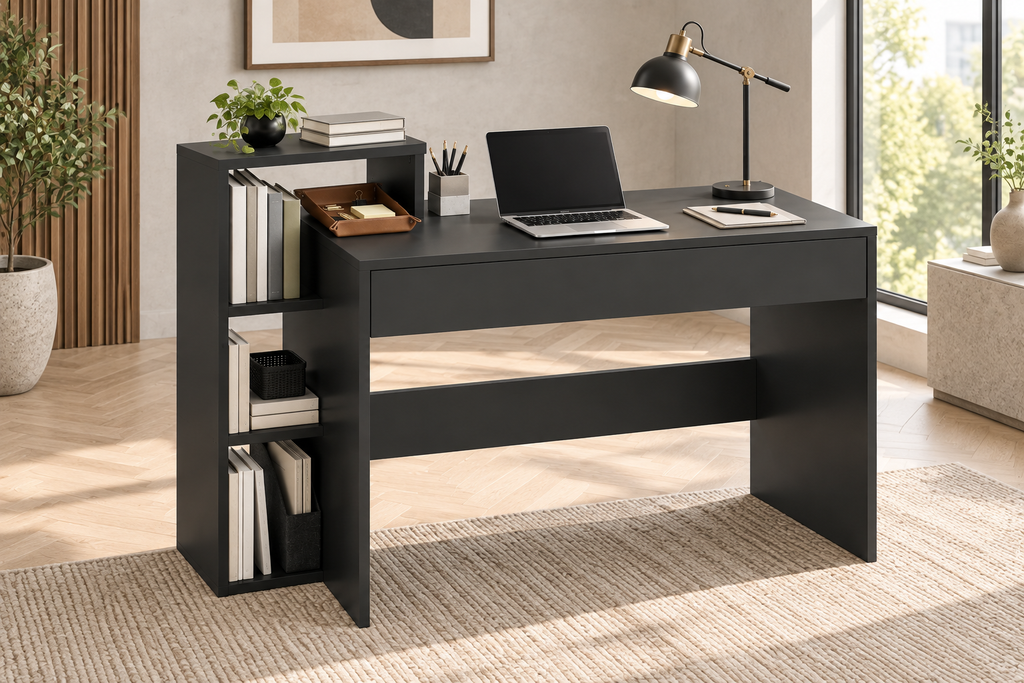 Bureau Informatique 100 cm Noir avec Tiroir et Étagères de Rangement