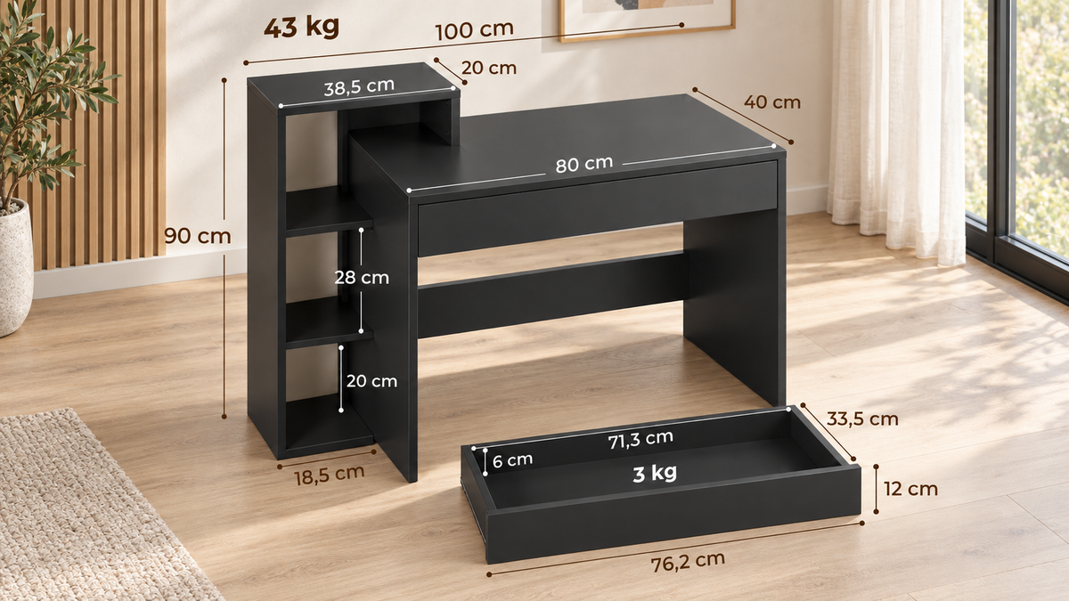 Bureau Informatique 100 cm Noir avec Tiroir et Étagères de Rangement