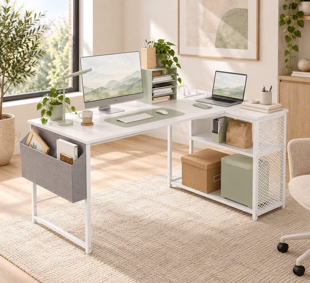Bureau d’Angle  en L Blanc 120 cm avec Étagère