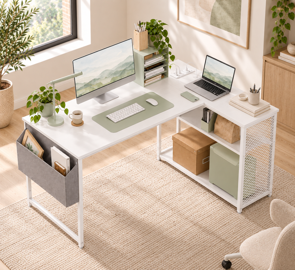 Bureau d’Angle  en L Blanc 120 cm avec Étagère