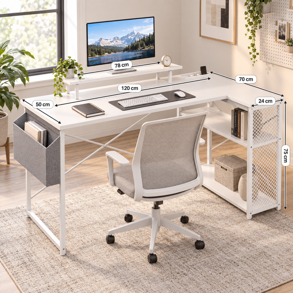 Bureau d’Angle  en L Blanc 120 cm avec Étagère