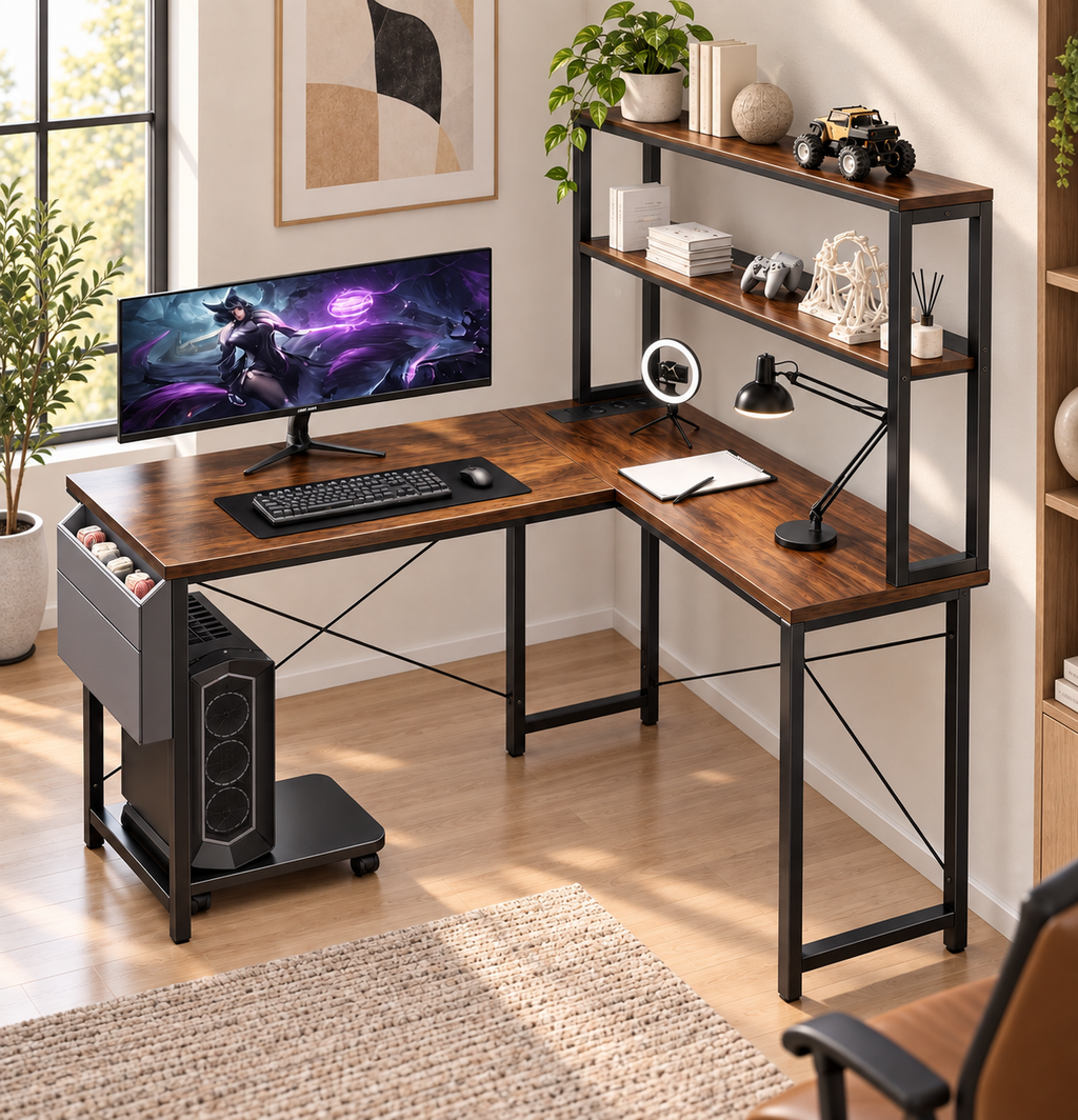 Bureau Gaming en L Marron 135 cm avec LED RGB