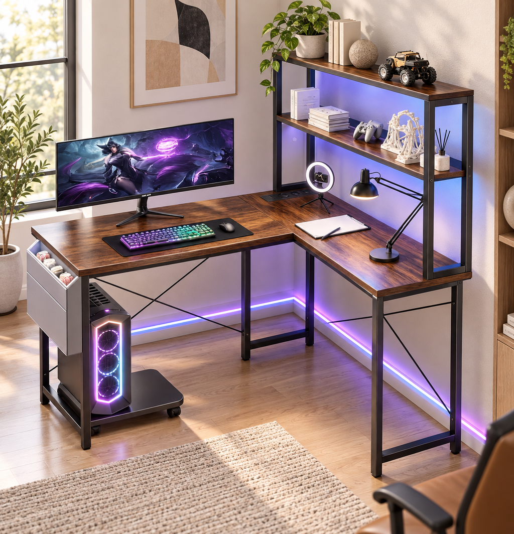 Bureau Gaming en L Marron 135 cm avec LED RGB