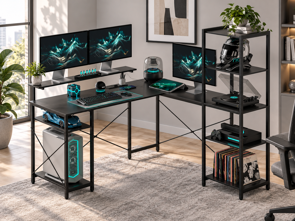 Bureau d’Angle en L avec Station de Charge – Noir