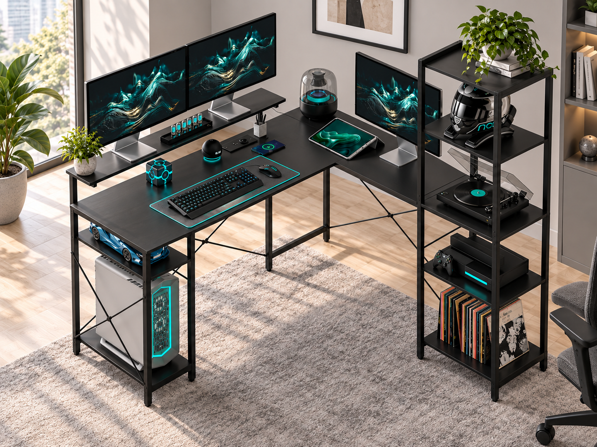 Bureau d’Angle en L avec Station de Charge – Noir