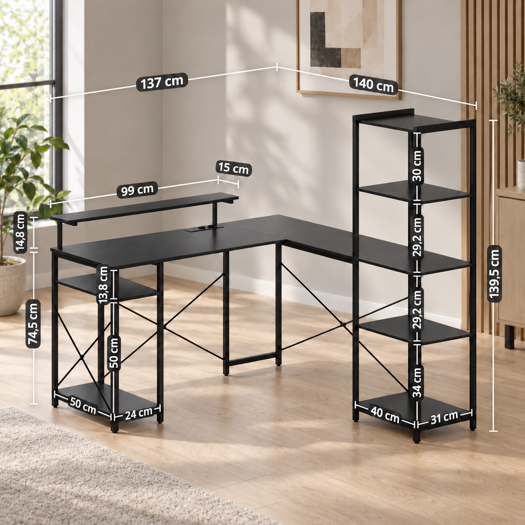 Bureau d’Angle en L avec Station de Charge – Noir