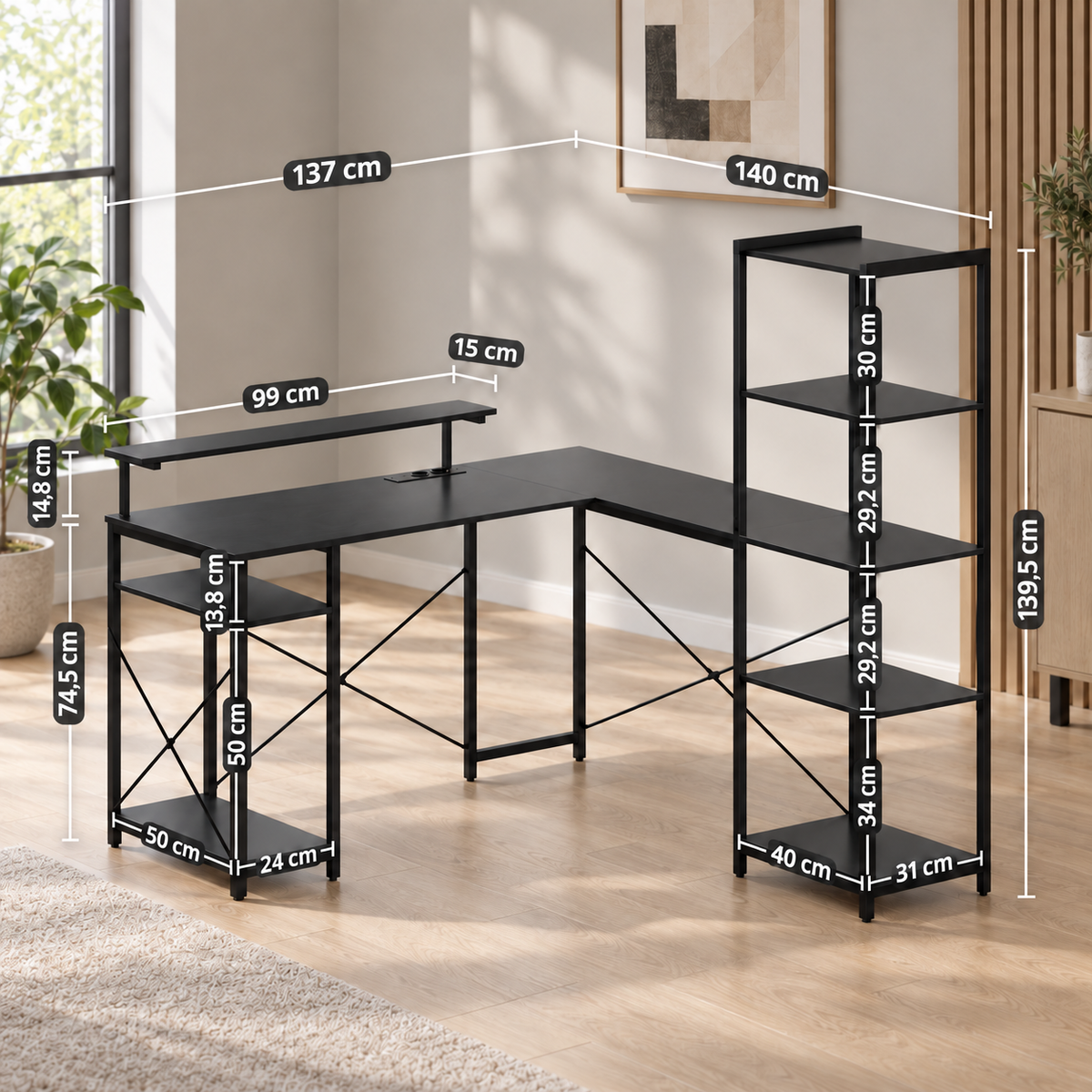 Bureau d’Angle en L avec Station de Charge – Noir