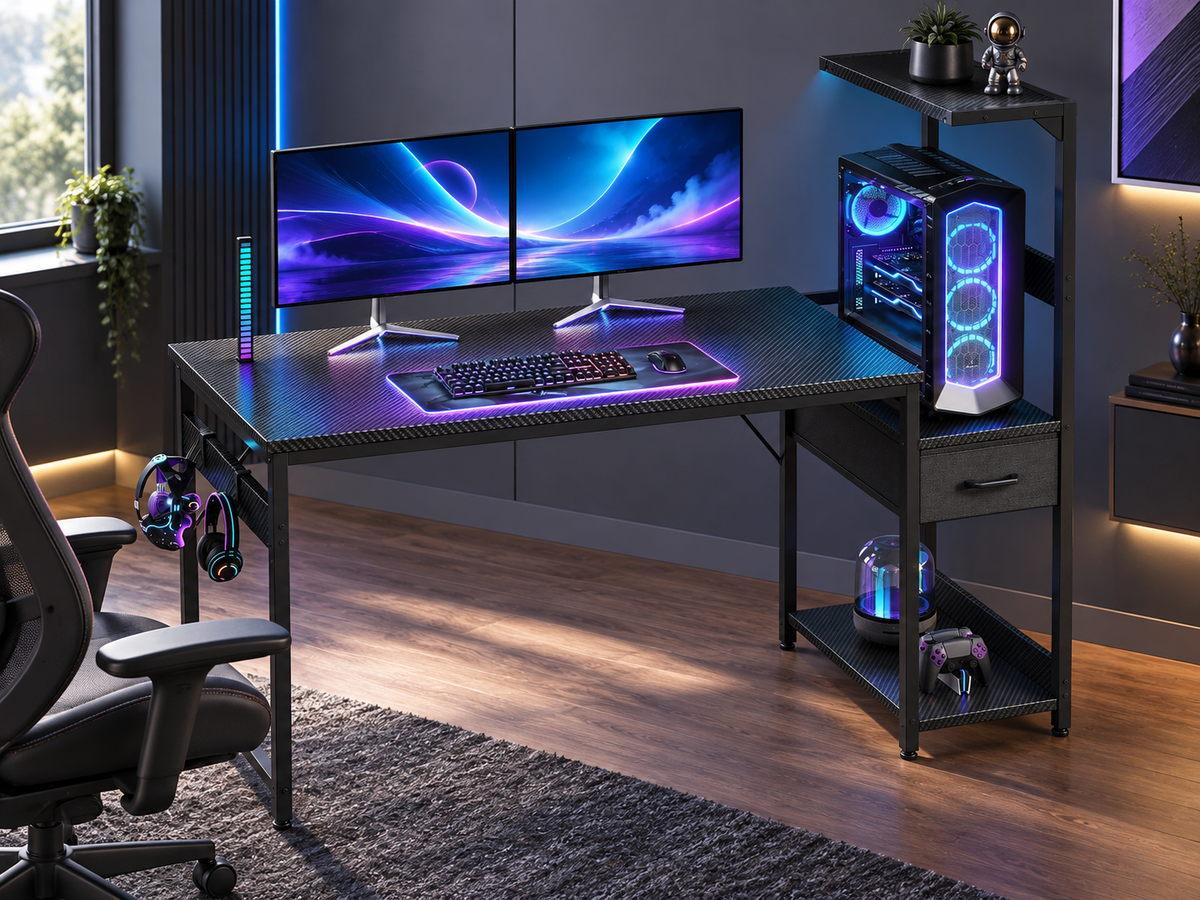 Bureau Gaming LED 138 × 48 cm – Finition Carbon