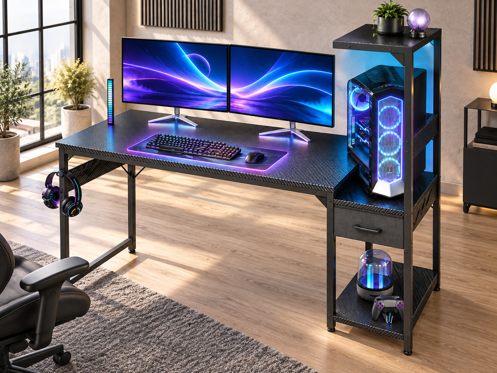 Bureau Gaming LED 138 × 48 cm – Finition Carbon