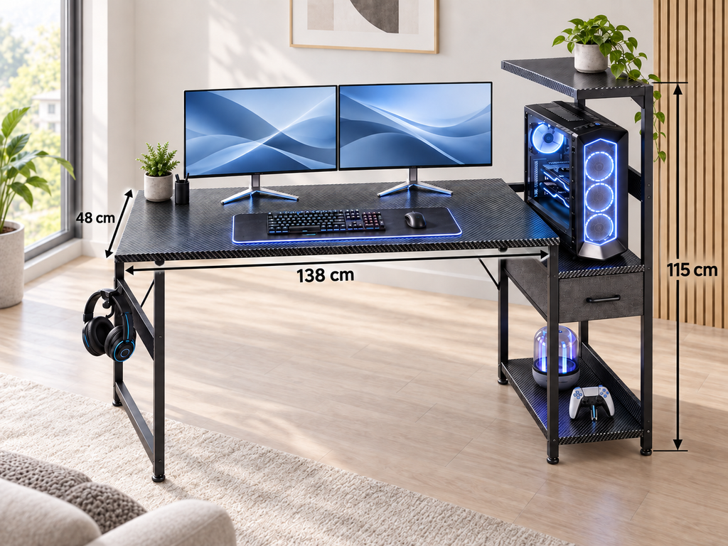 Bureau Gaming LED 138 × 48 cm – Finition Carbon