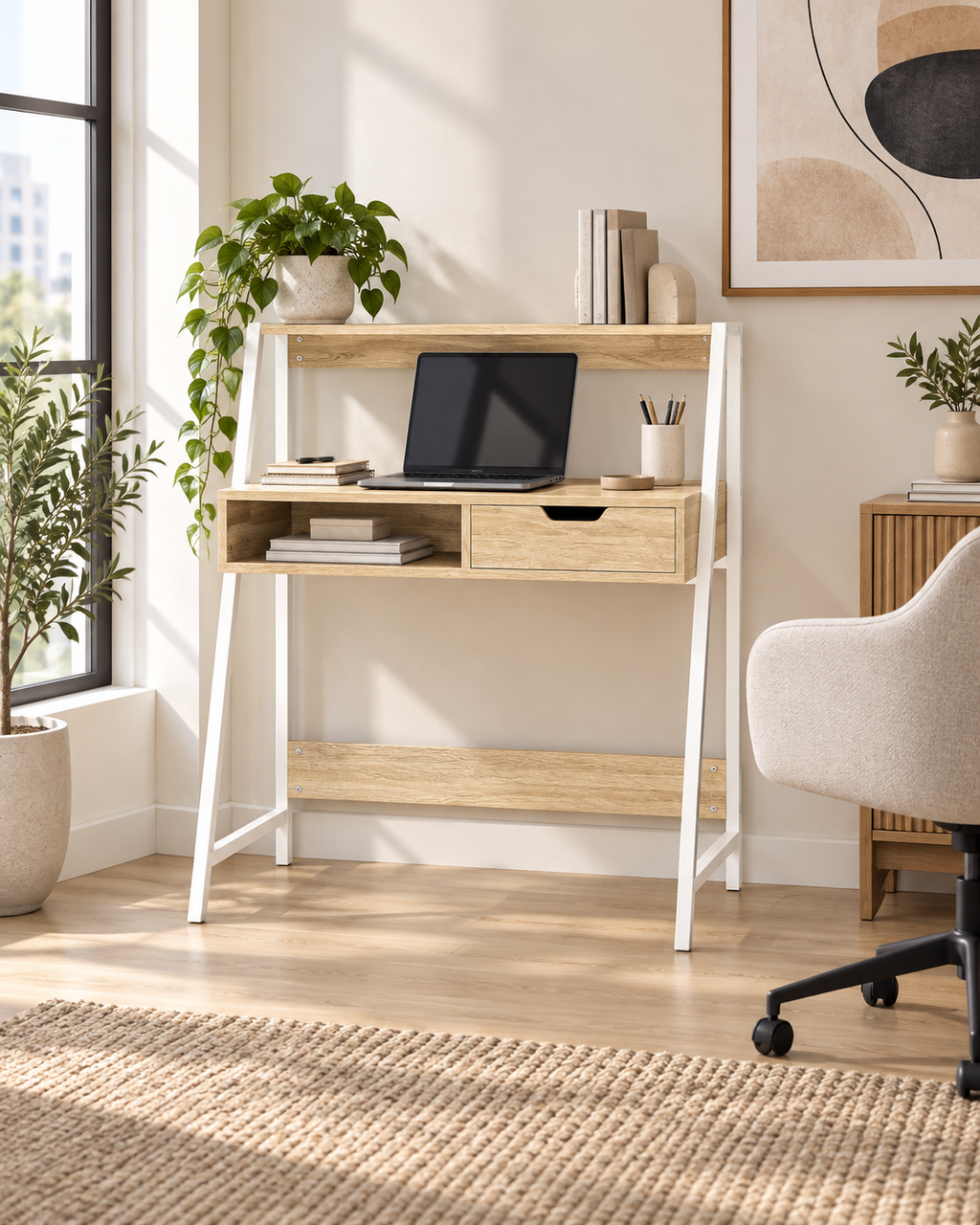 Bureau Informatique Compact avec Tiroir et Étagère de Rangement