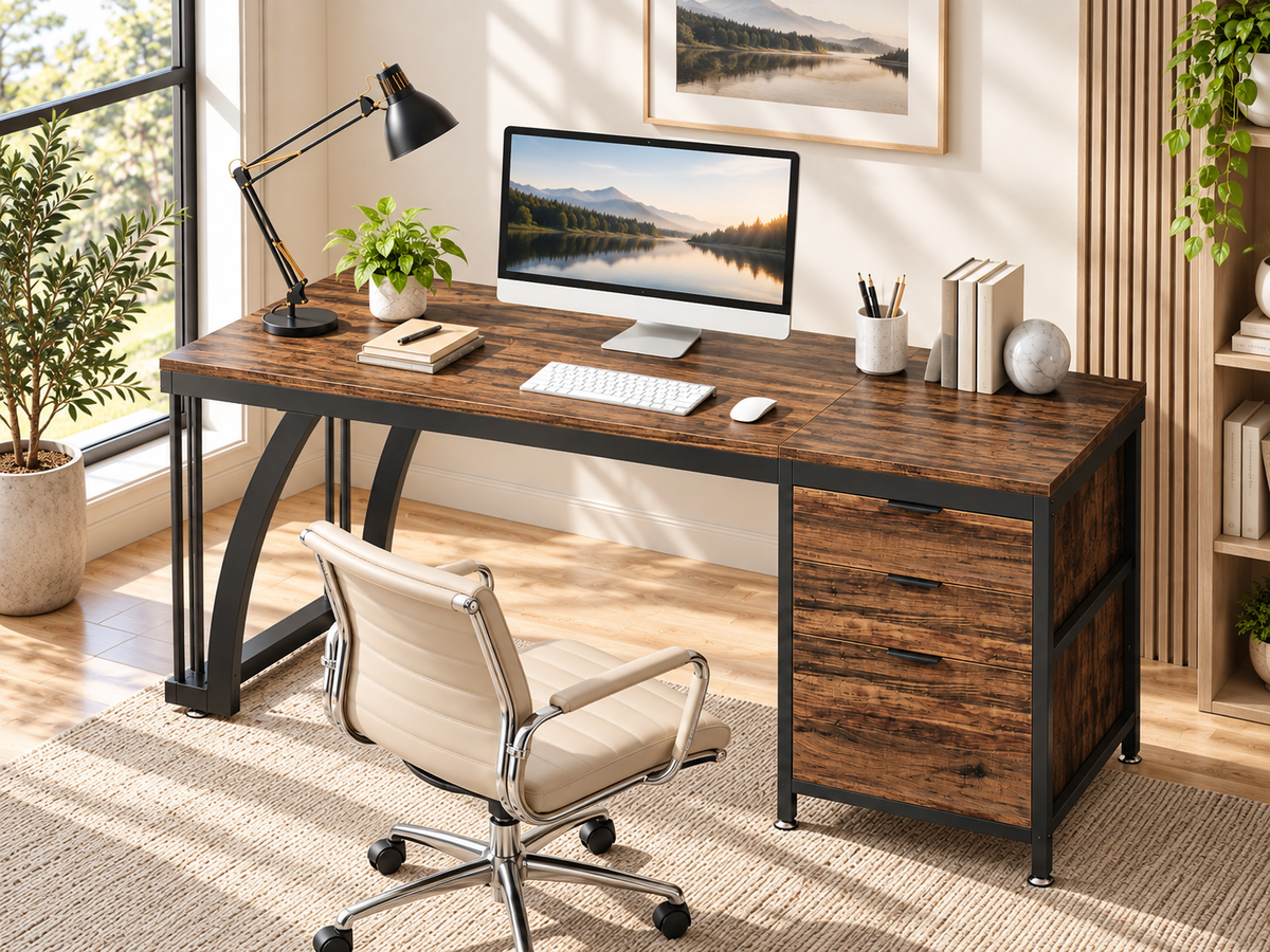 Bureau informatique 150 cm avec caisson réversible et 3 tiroirs
