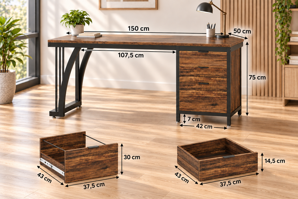 Bureau informatique 150 cm avec caisson réversible et 3 tiroirs