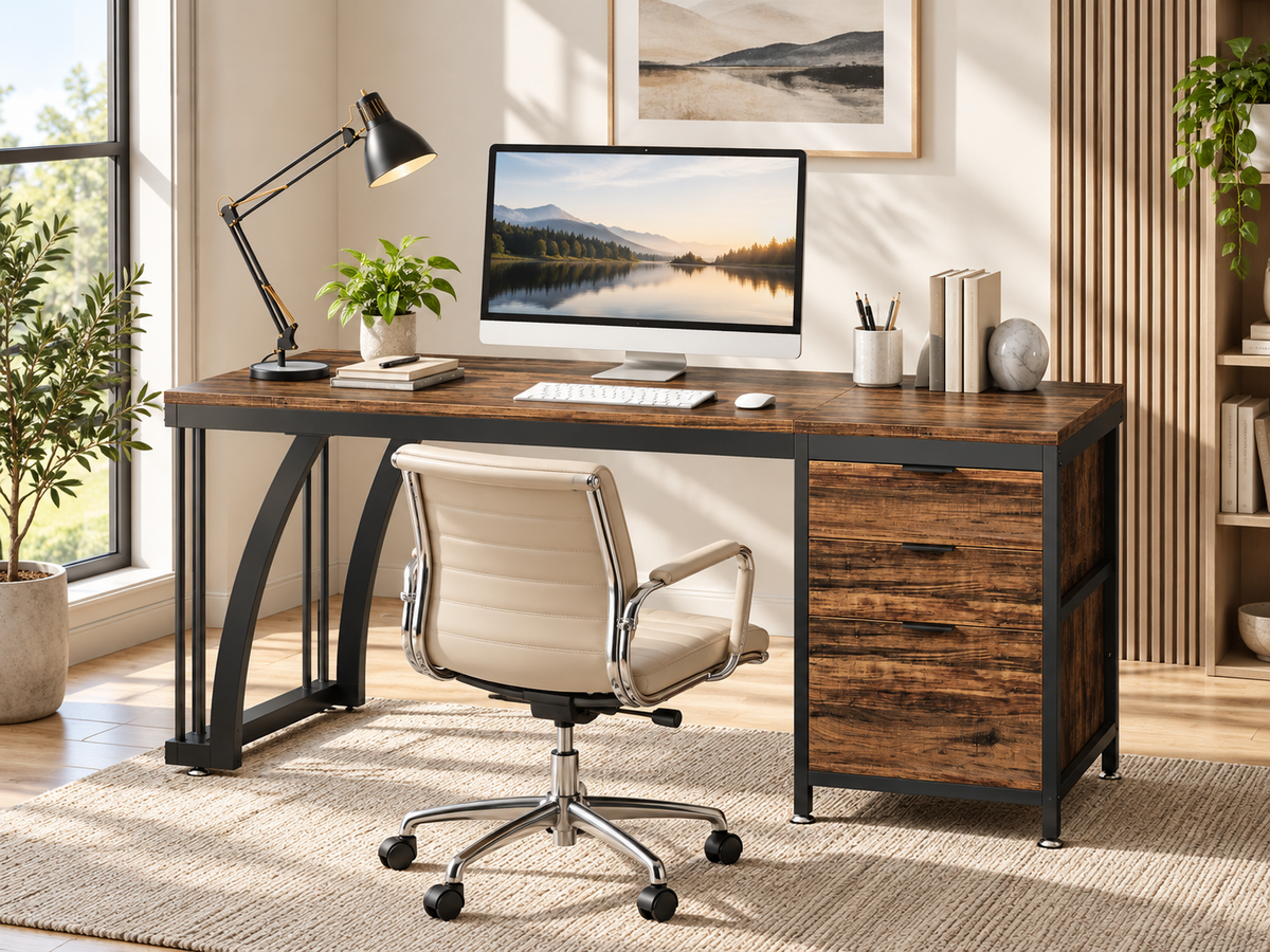 Bureau informatique 150 cm avec caisson réversible et 3 tiroirs