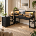 Bureau d’Angle Réversible en L avec LED, Prises et Port USB, Étagère Écran et Tiroirs