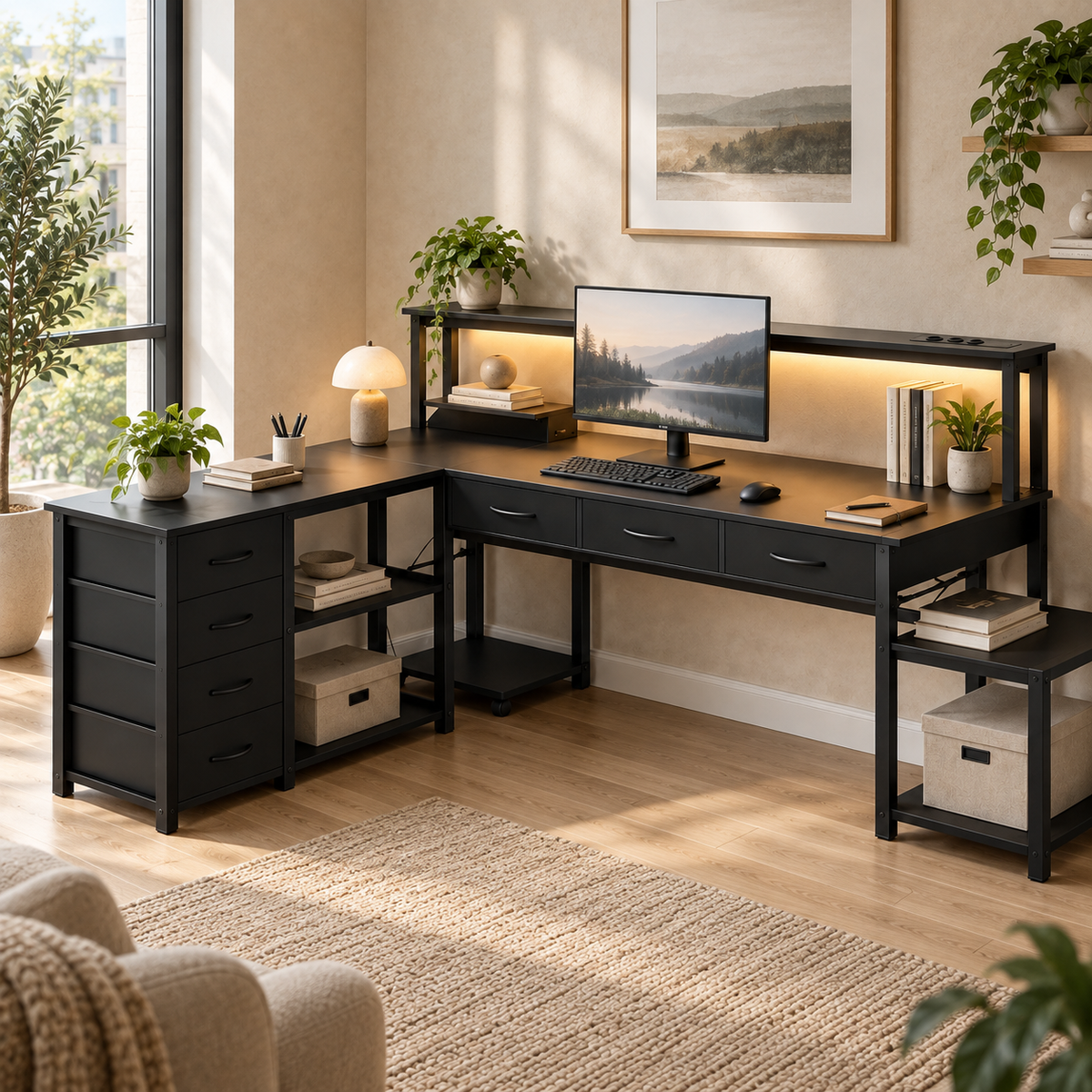 Bureau d’Angle Réversible en L avec LED, Prises et Port USB, Étagère Écran et Tiroirs
