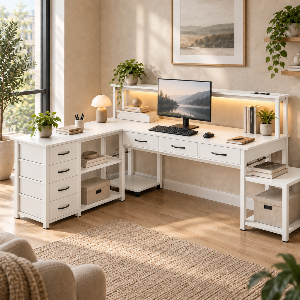 Bureau d’Angle Réversible en L avec LED, Prises et Port USB, Étagère Écran et Tiroirs