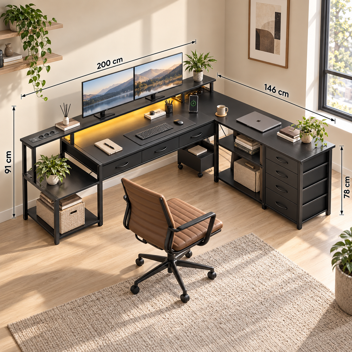 Bureau d’Angle Réversible en L avec LED, Prises et Port USB, Étagère Écran et Tiroirs