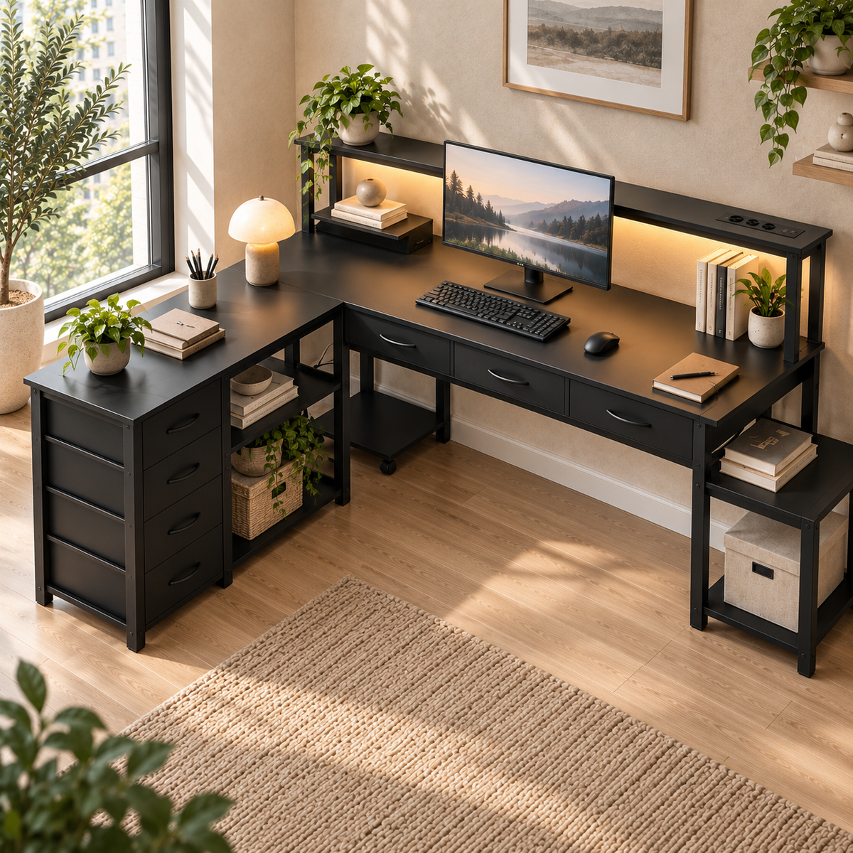Bureau d’Angle Réversible en L avec LED, Prises et Port USB, Étagère Écran et Tiroirs