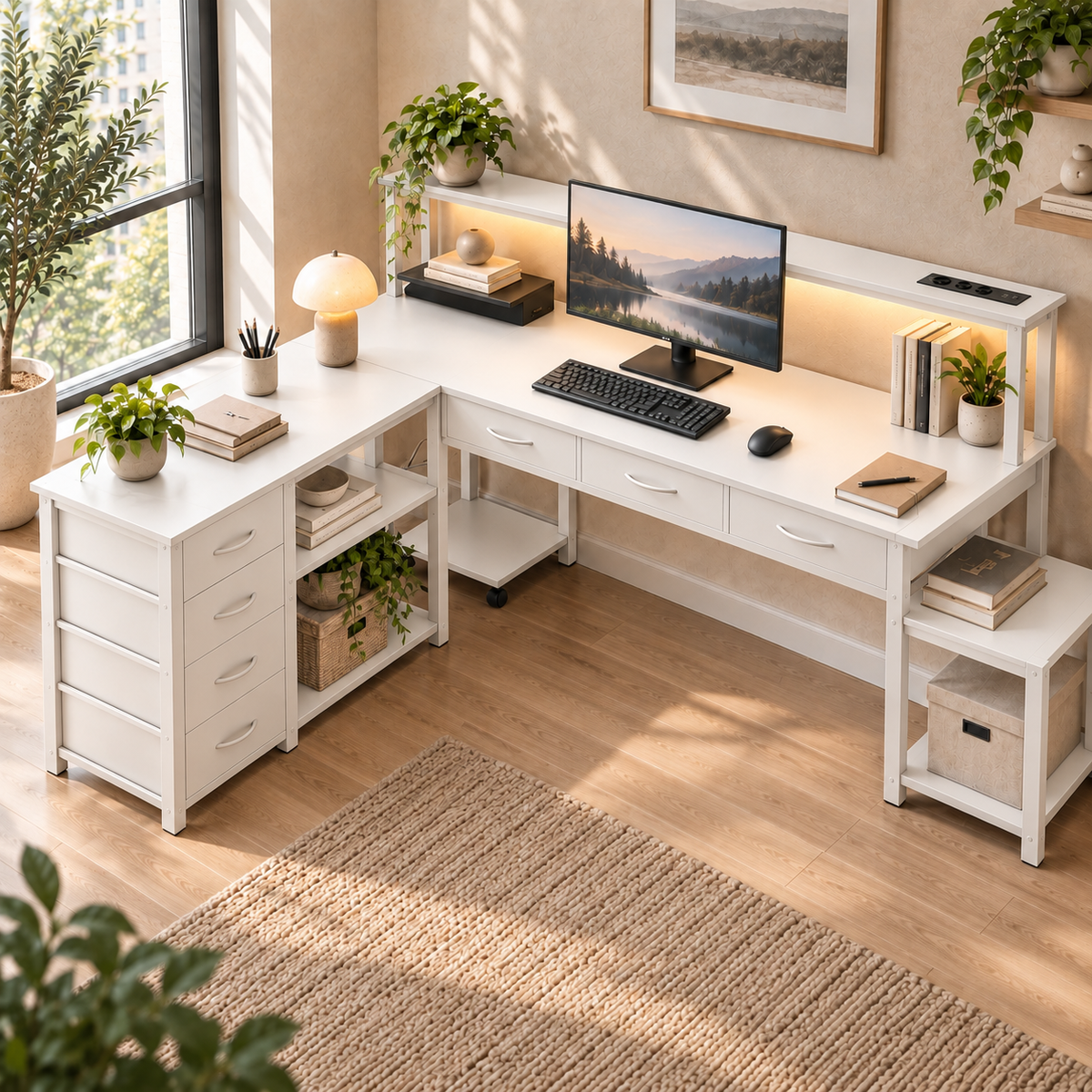 Bureau d’Angle Réversible en L avec LED, Prises et Port USB, Étagère Écran et Tiroirs