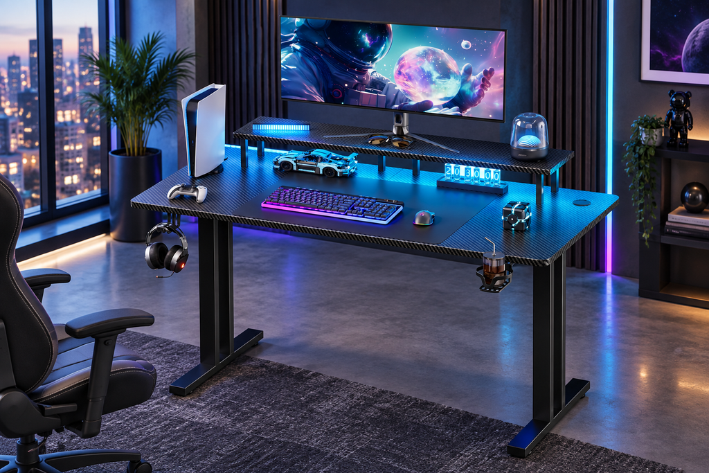 Bureau Gaming LED RGB 140 × 60 cm – Fibre de Carbone