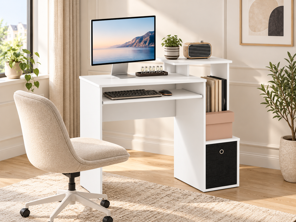 Bureau Informatique Compact avec Rangements – Blanc