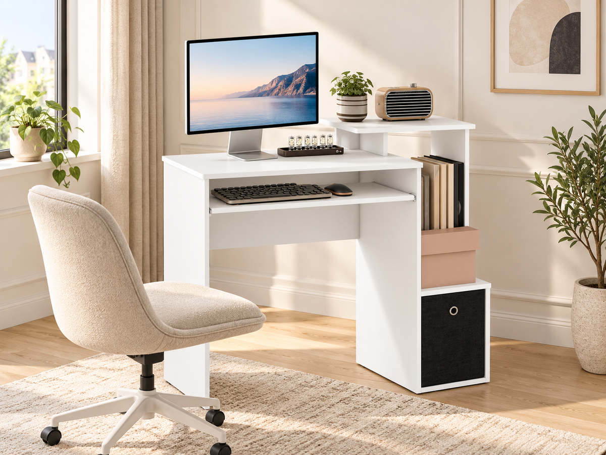 Bureau Informatique Compact avec Rangements – Blanc
