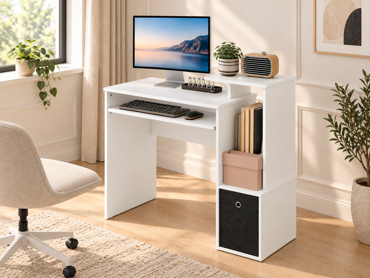 Bureau Informatique Compact avec Rangements – Blanc