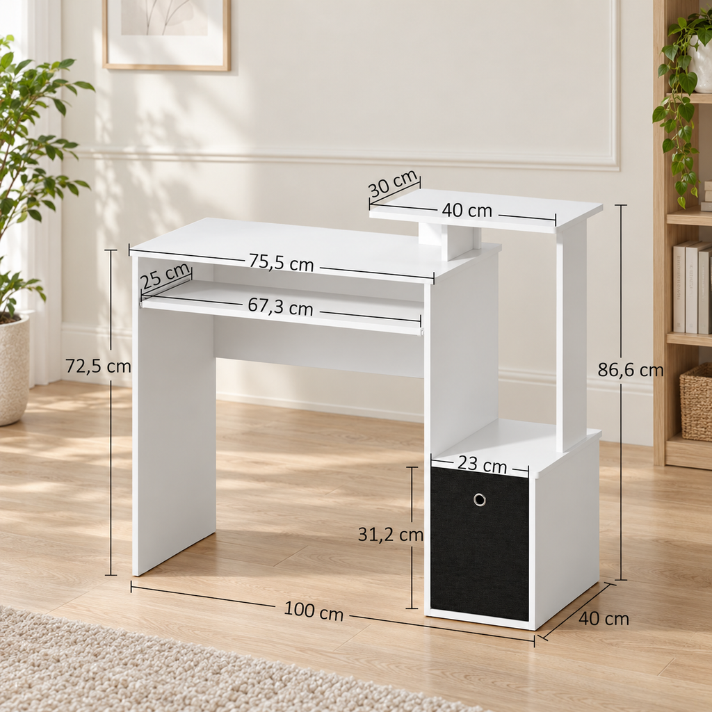 Bureau Informatique Compact avec Rangements – Blanc