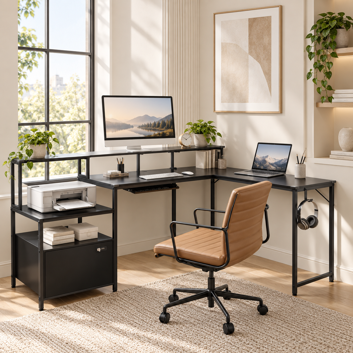 Bureau d’Angle en L 168 × 120 cm avec Rangements et USB