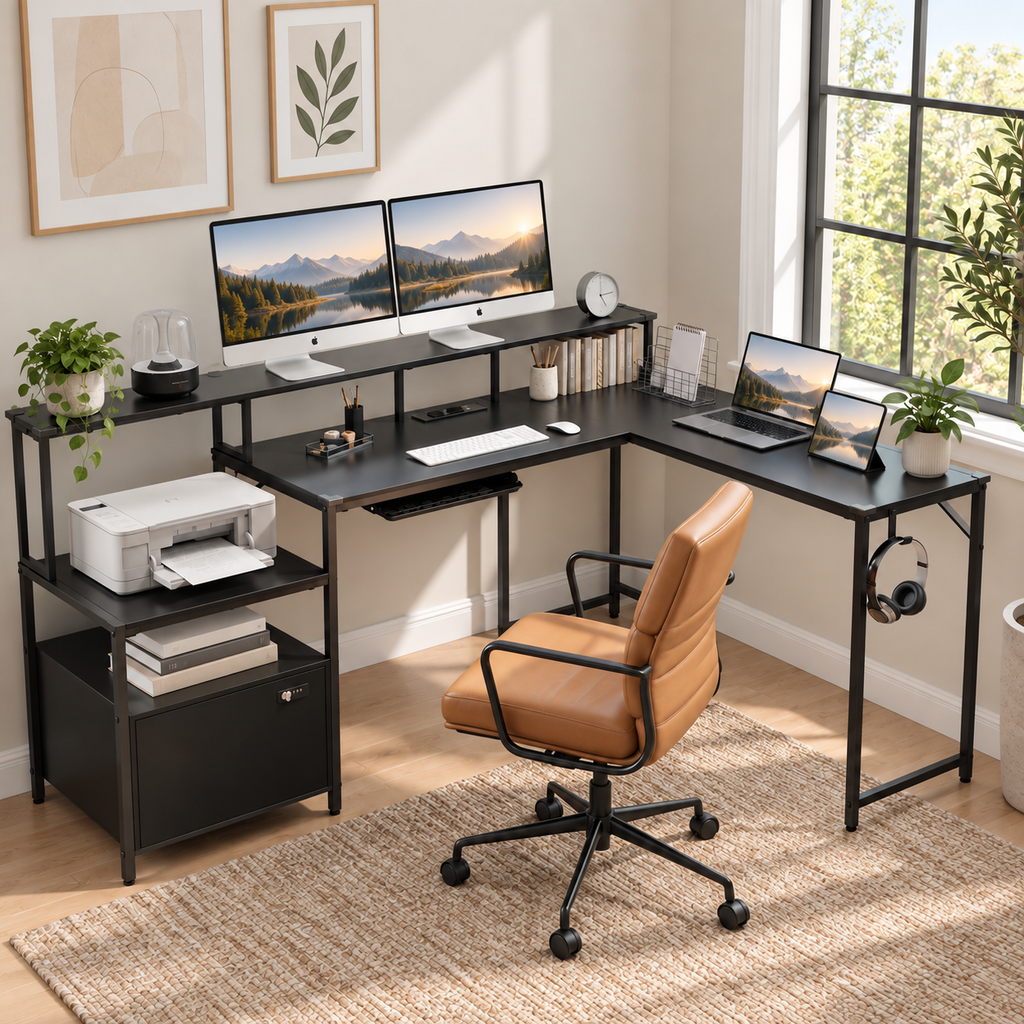 Bureau d’Angle en L 168 × 120 cm avec Rangements et USB